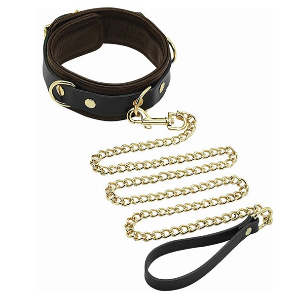 COLLAR AND LEASH-BROWN LEATHER WITH GOLD ACCENT HARDWARE