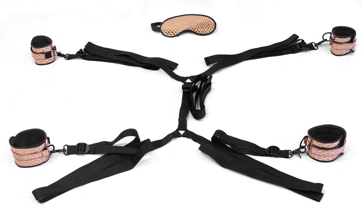 FAUX LEATHER WRIST AND ANKLE CUFFS AND BLINDFOLD