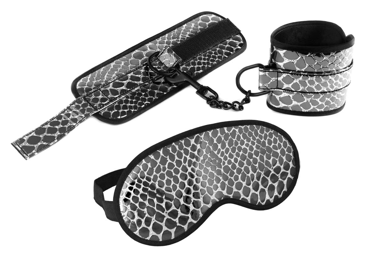 FAUX LEATHER WRIST RESTRAINTS AND BLINDFOLD