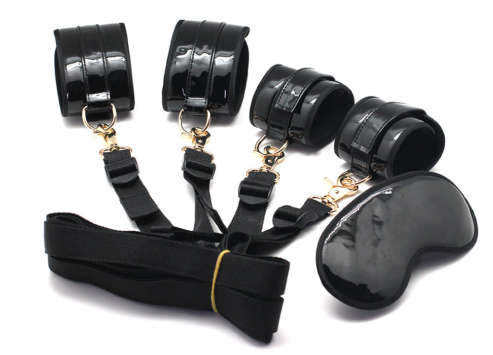 FAUX GLOSSY LEATHER WRIST AND ANKLE RESTRAINTS WITH BLINDFOLD