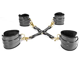 FAUX GLOSSY LEATHER WRIST AND ANKLE RESTRAINTS WITH HOGTIE